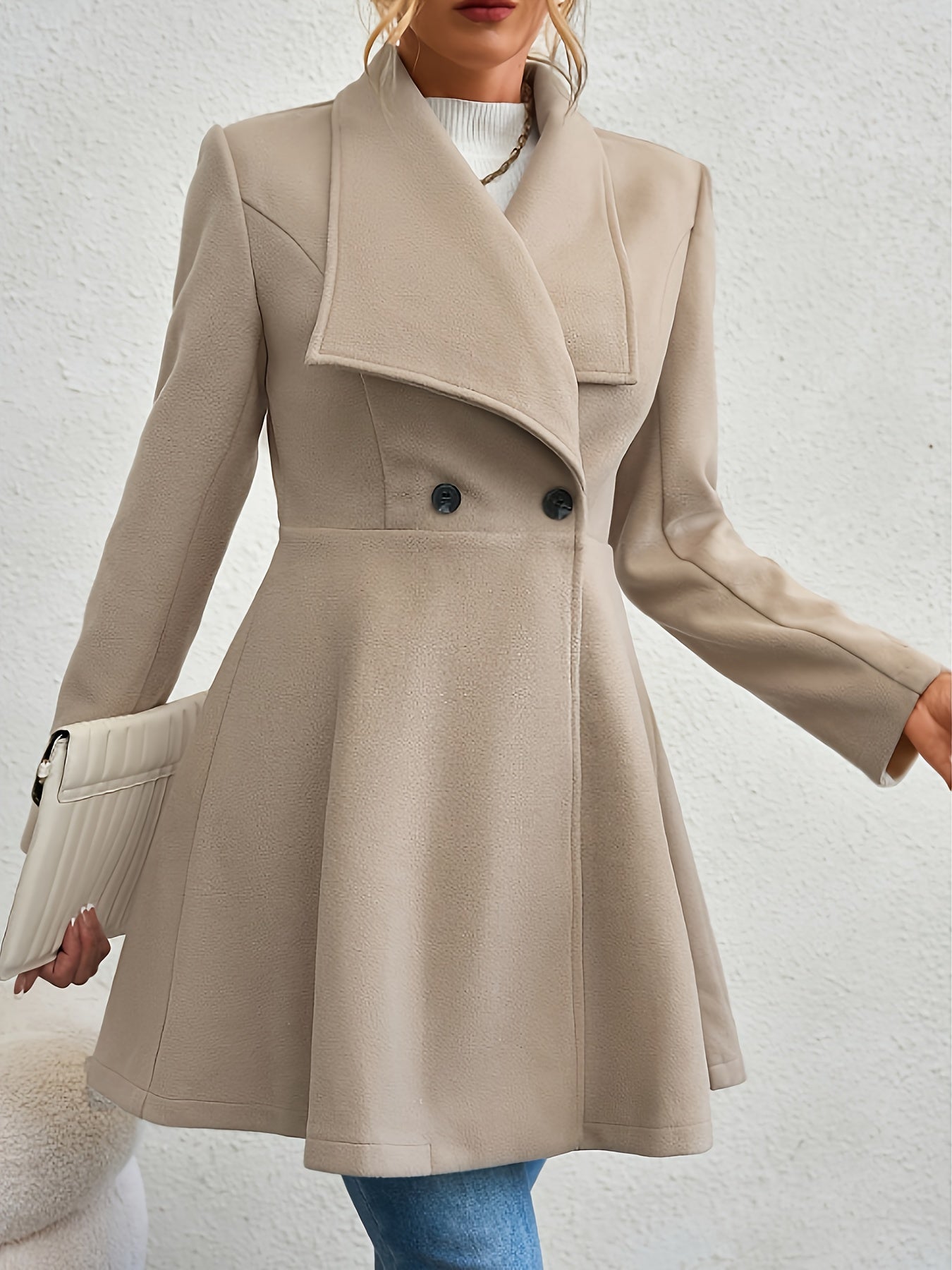 Shawl Collar Solid Trench Coat, Elegant Double Breasted Long Sleeve Outerwear, Women's Clothing