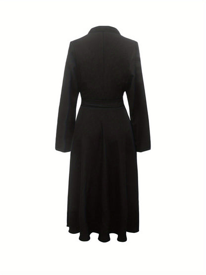 Solid V Neck Belted Dress, Casal Long Sleeve Dress For Spring & Fall, Women's Clothing