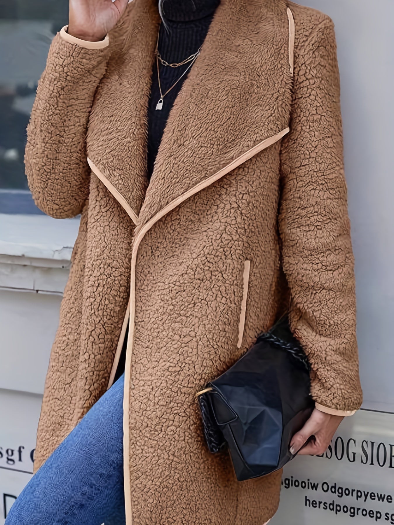 vlovelaw  Solid Open Front Fleece Jacket, Casual Lapel Long Sleeve Jacket Coat, Women's Clothing