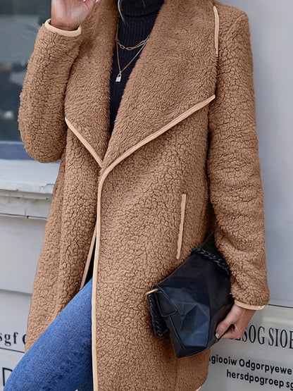 vlovelaw  Solid Open Front Fleece Jacket, Casual Lapel Long Sleeve Jacket Coat, Women's Clothing