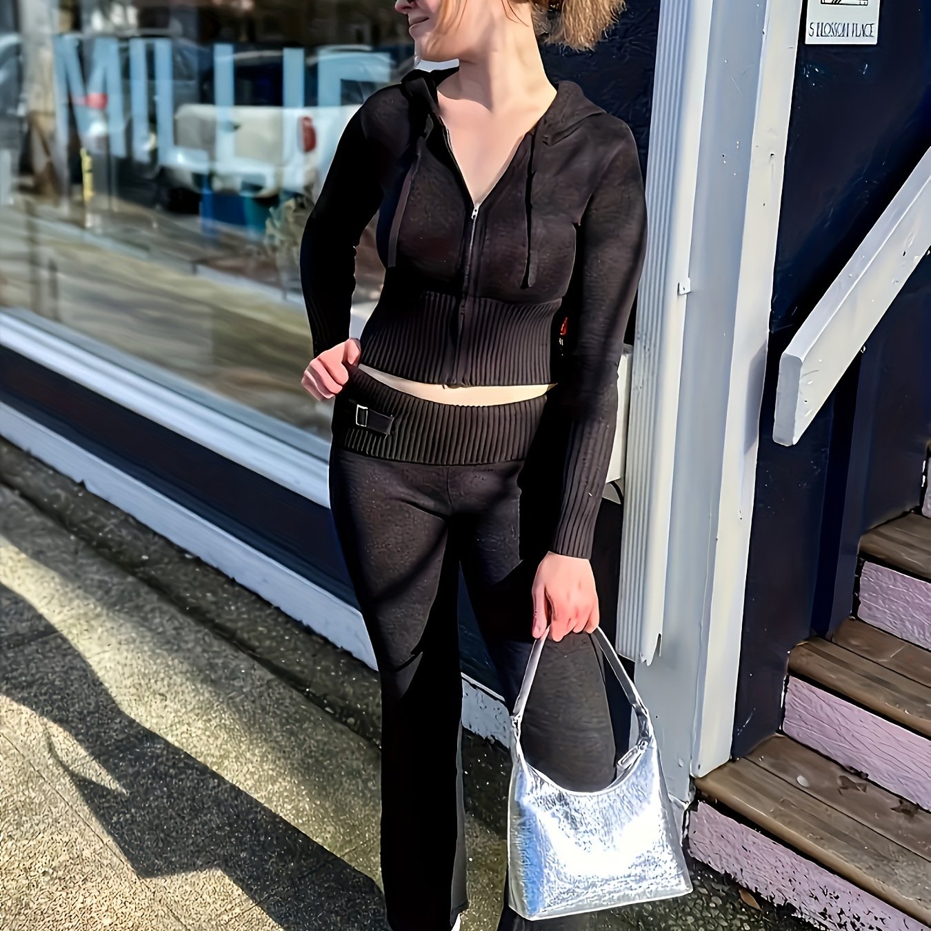 vlovelaw  Solid Knitted Casual Two-piece Set, Zip Up Hooded Crop Top & Pants Outfits, Women's Clothing