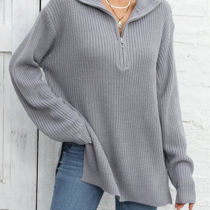 vlovelaw Long Sleeve Half Zip Sweater, Side Slit Casual Sweater For Winter & Fall, Women's Clothing