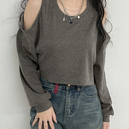 vlovelaw Cold Shoulder Crew Neck T-Shirt, Casual Long Sleeve T-Shirt For Spring & Fall, Women's Clothing