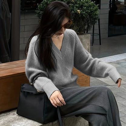vlovelaw  Solid Knit Pullover Sweater, Casual V Neck Long Sleeve Sweater, Women's Clothing