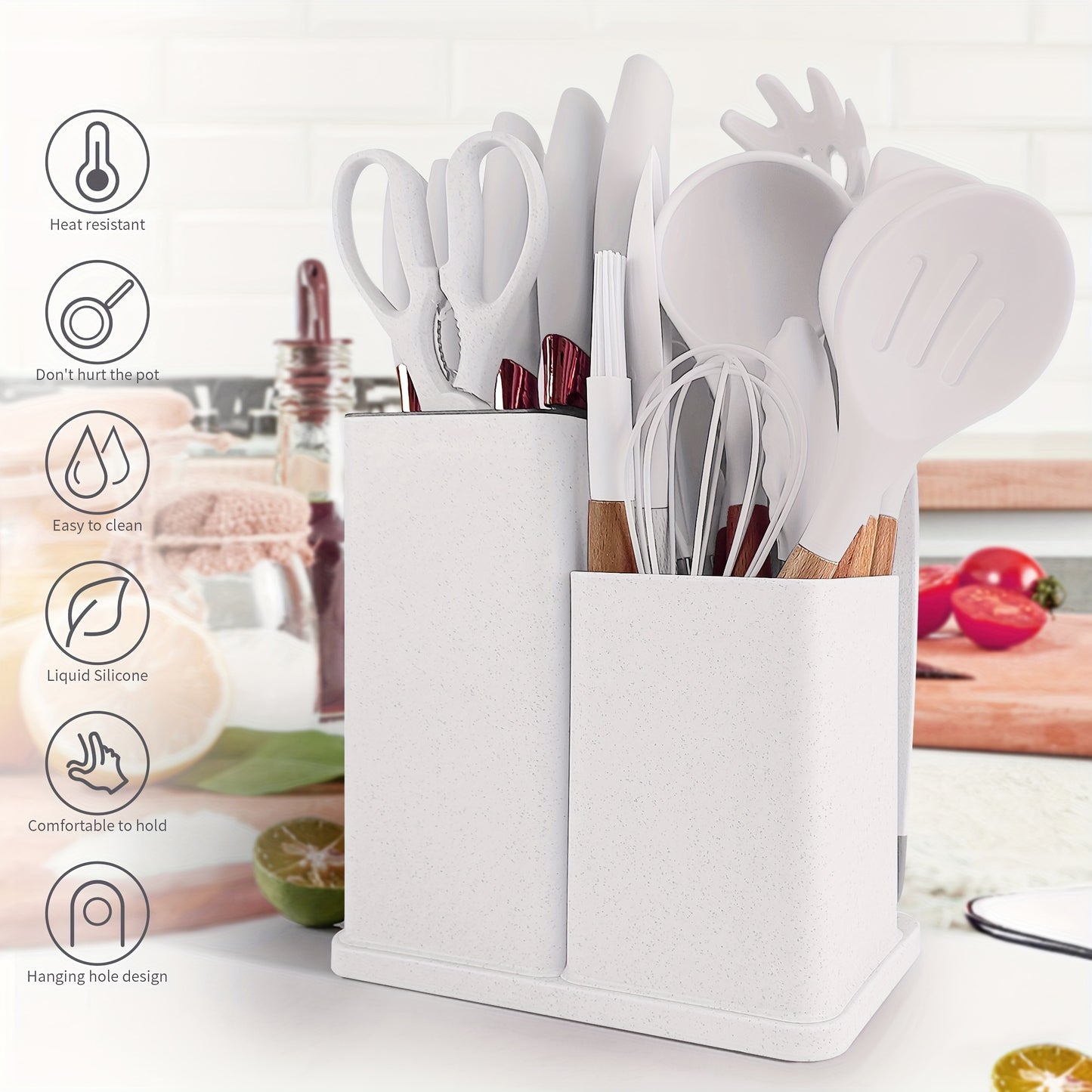 19-Piece Premium Silicone Kitchen Utensil Set With Wooden Handles And Chef Knifes - Heat-Resistant, Non-Stick Friendly Cooking Tools & Bamboo Storage Bucket - Selected Christmas Present For Cooking Enthusiasts