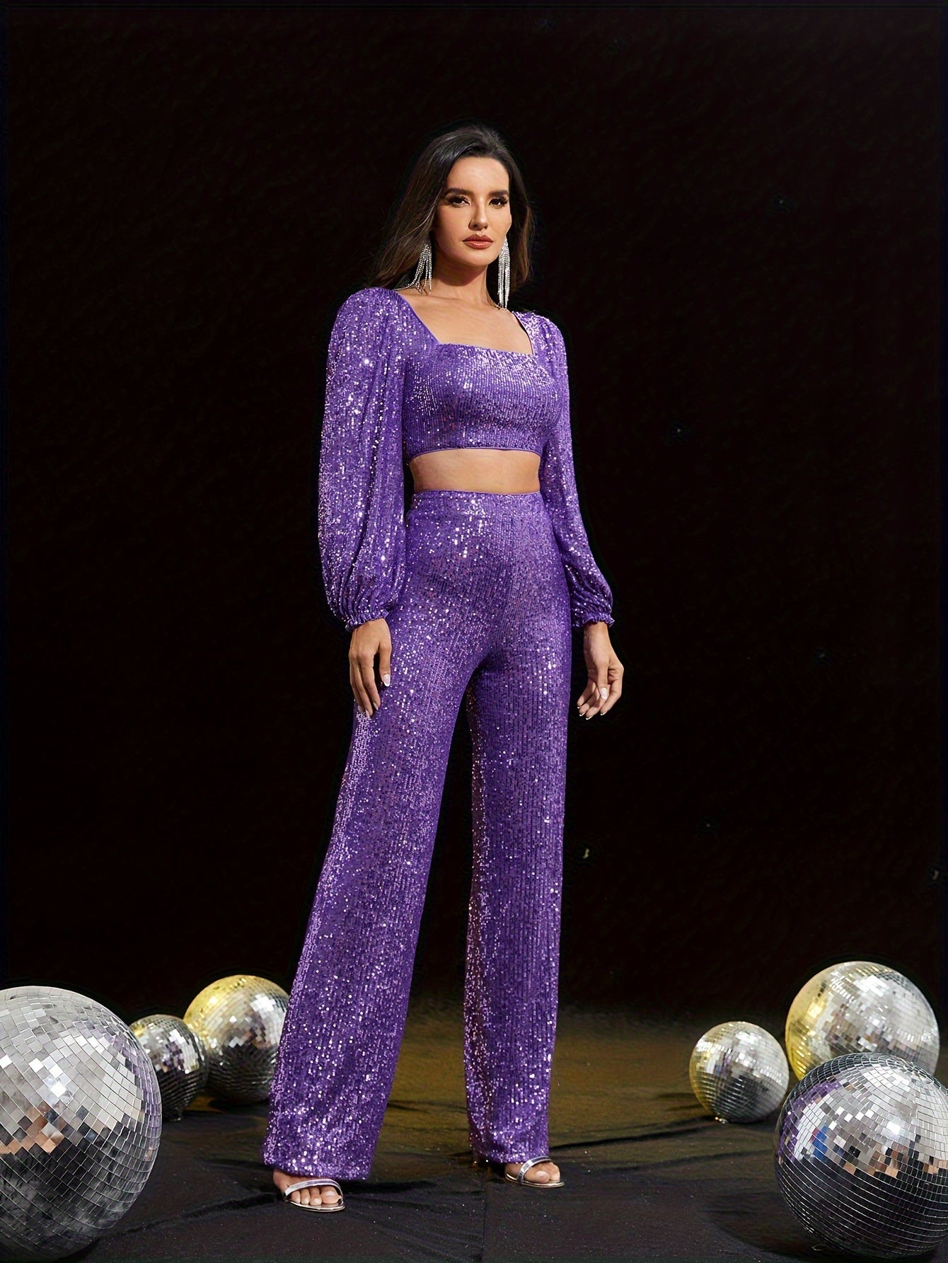 vlovelaw  Sequin Elegant Two-piece Set, Zip Back Square Neck Long Sleeve Top & Pants Outfits, Women's Clothing