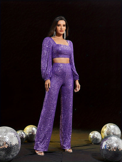 vlovelaw  Sequin Elegant Two-piece Set, Zip Back Square Neck Long Sleeve Top & Pants Outfits, Women's Clothing