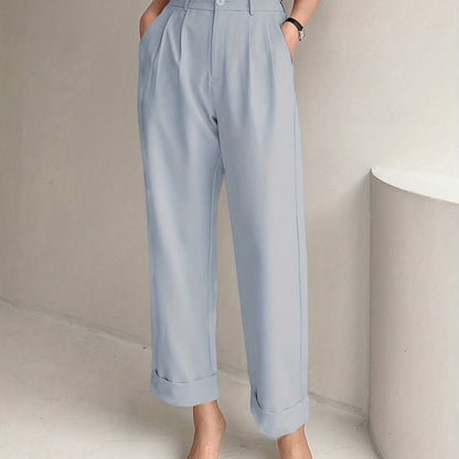 Solid Button Straight Leg Pants, Casual High Waist Draped Pleated Pants, Women's Clothing