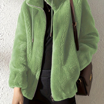 xieyinshe  Drawstring Teddy Coat, Casual Zip Up Long Sleeve Warm Outerwear, Women's Clothing
