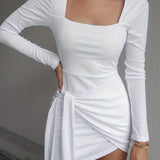 vlovelaw  Squared Neck Knotted Dress, Elegant Solid Long Sleeve Dress, Women's Clothing