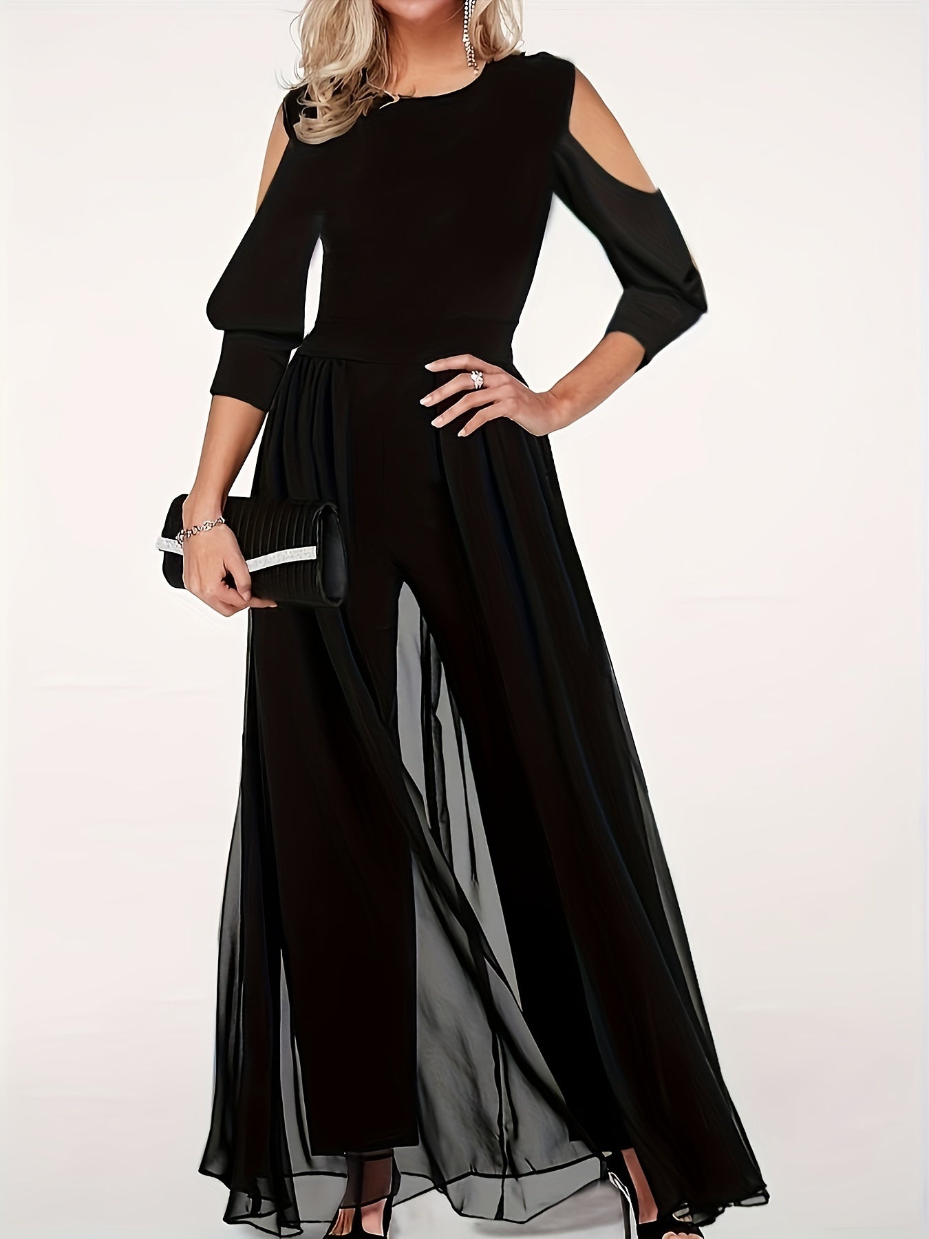 vlovelaw  Solid Color Crew Neck Jumpsuit, Elegant Long Sleeve Contrast Mesh Cut Out Jumpsuit For Spring & Fall, Women's Clothing