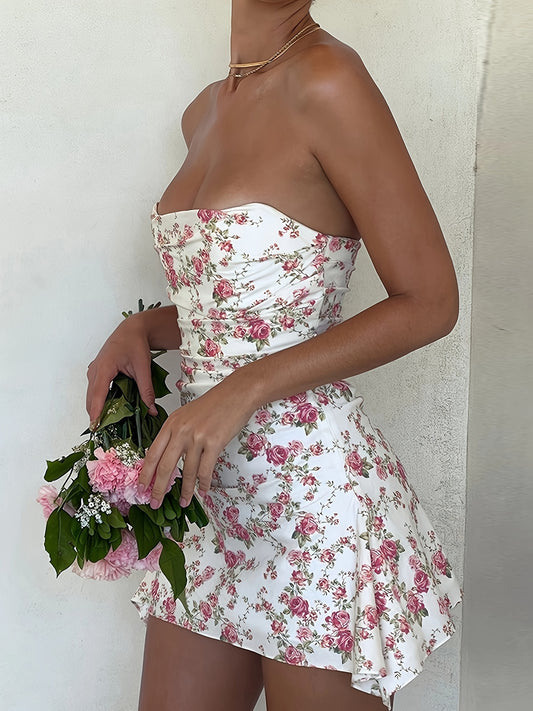 vlovelaw  Floral Print Tube Dress, Casual Strapless Mini Dress For Spring & Summer, Women's Clothing