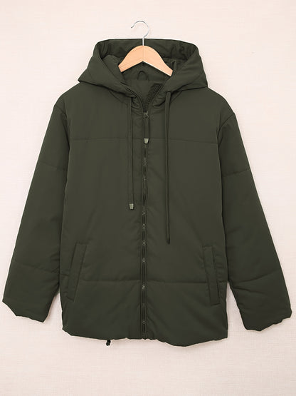 Zip Up Drawstring Coat, Casual Long Sleeve Hooded Winter Outerwear, Women's Clothing