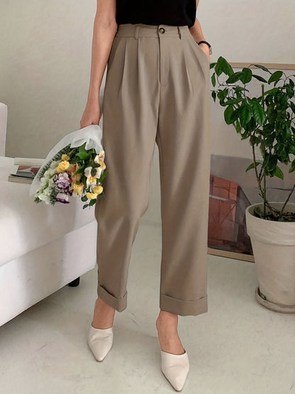 Solid Button Straight Leg Pants, Casual High Waist Draped Pleated Pants, Women's Clothing