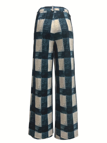 Plaid High Waist Wide Leg Pants, Casual Pants For Spring & Fall, Women's Clothing