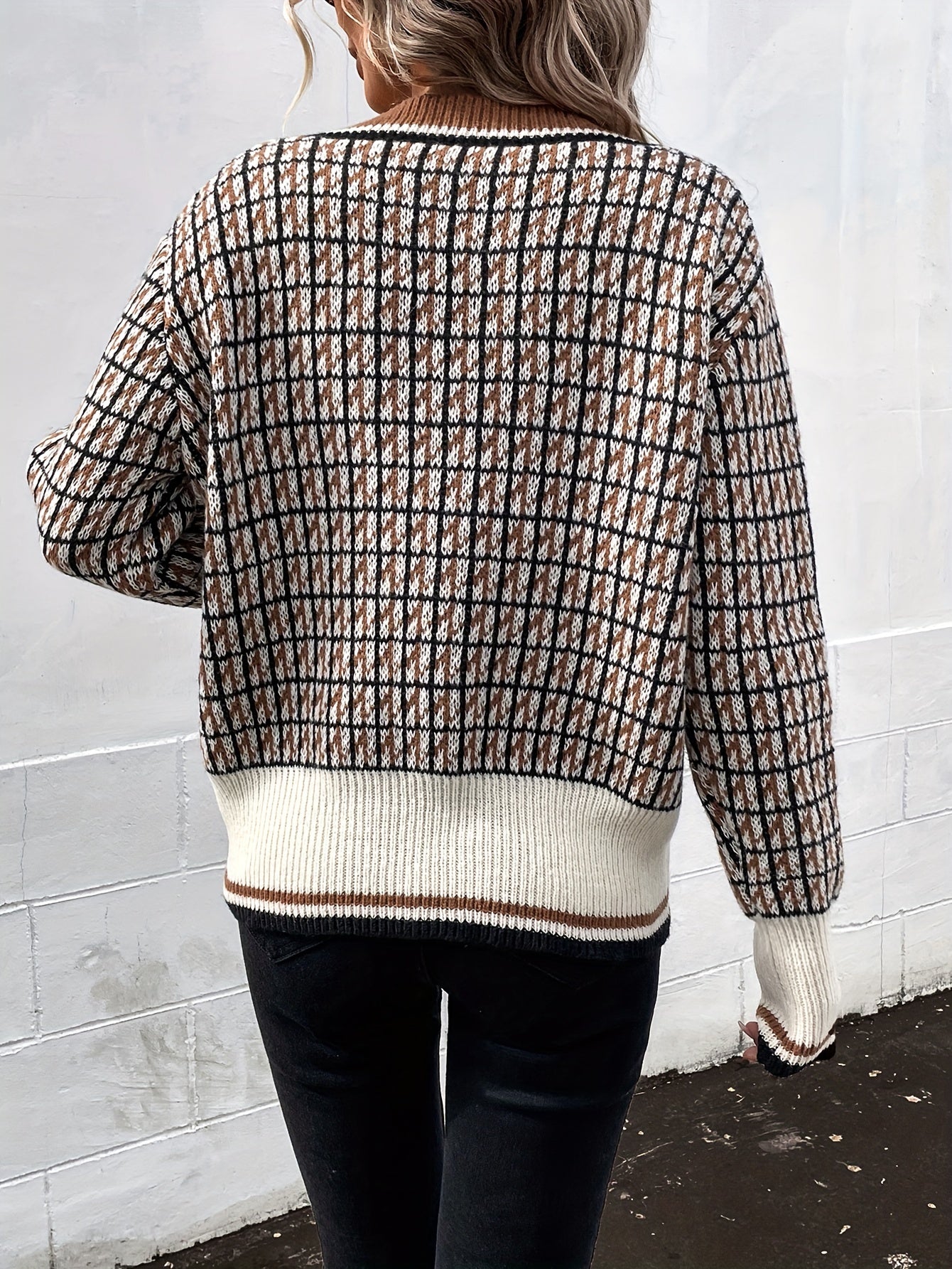 Plaid Pattern Button Knit Cardigan, Vintage V Neck Long Sleeve Sweater, Women's Clothing