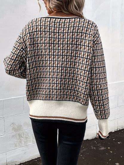 Plaid Pattern Button Knit Cardigan, Vintage V Neck Long Sleeve Sweater, Women's Clothing