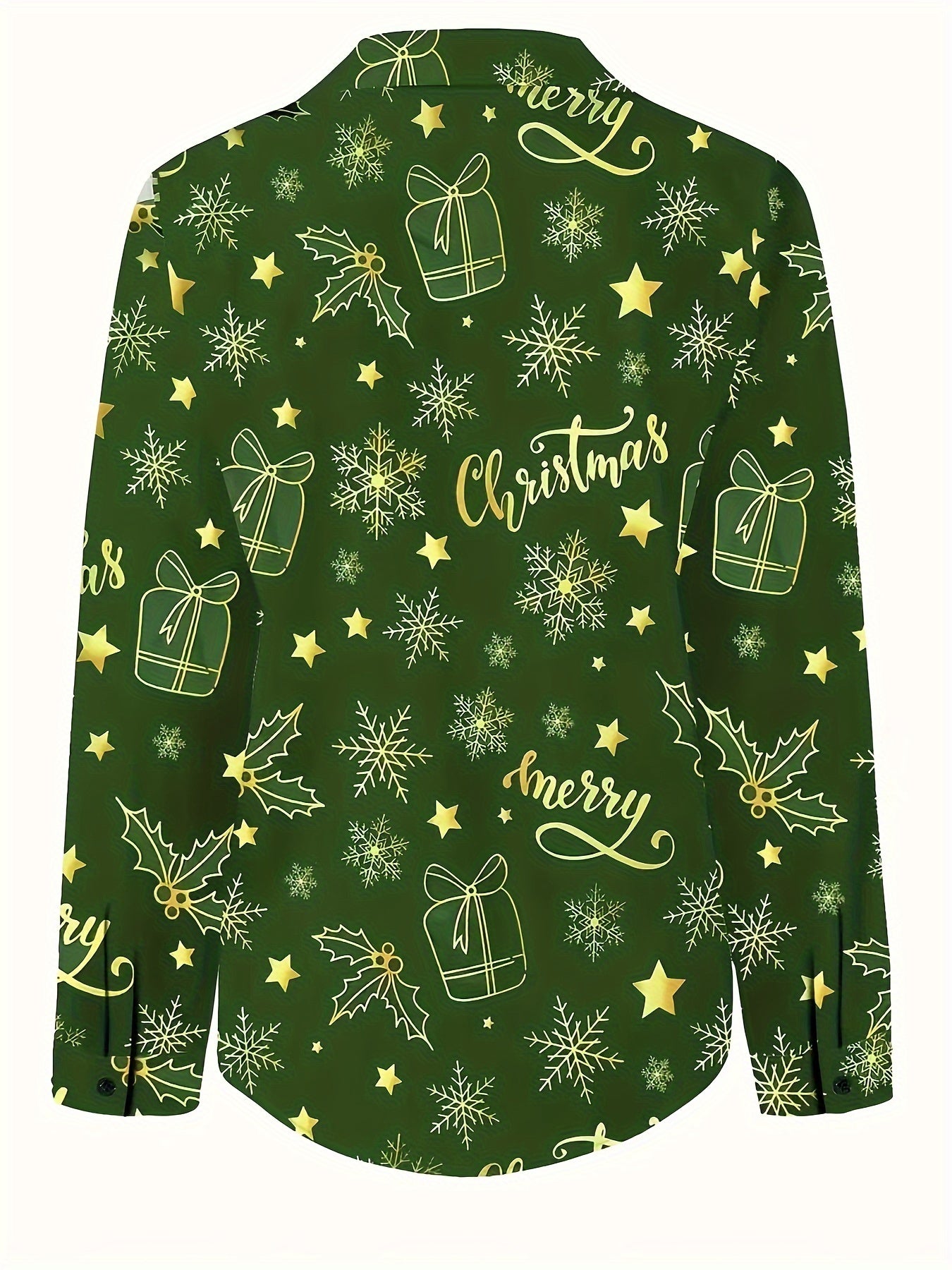 Christmas Print Long Sleeve Shirt, Casual Single Breasted Shirt For Spring & Fall, Women's Clothing