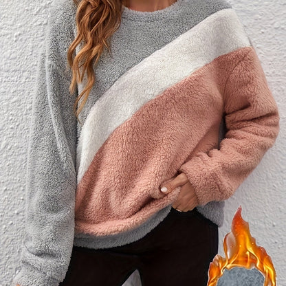 vlovelaw  Contrast Color Casual Pullover Sweatshirt, Long Sleeves Crew Neck Fluffy Sweatshirt, Women's Activewear