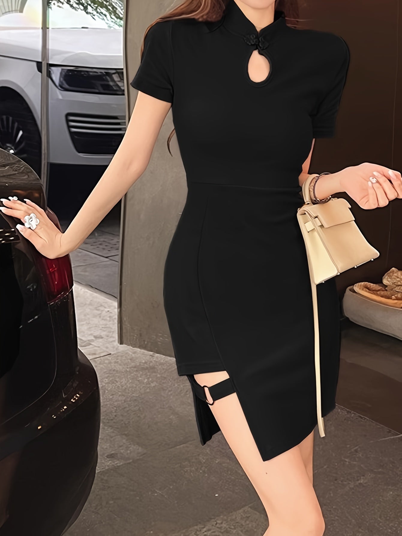 vlovelaw  Solid Frog Button Asymmetrical Dress, Vintage Short Sleeve Cut Out Mandarin Collar Dress For Spring & Summer, Women's Clothing