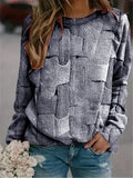 Plus Size Casual Top, Women's Plus Patchwork Print Long Sleeve Round Neck Medium Stretch Top