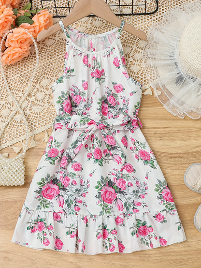 Adorable Vintage-Inspired Girls Floral Halter Dress - Flowy & Breathable for Summer Holidays, Perfect Festive Party Wear & Gift Idea