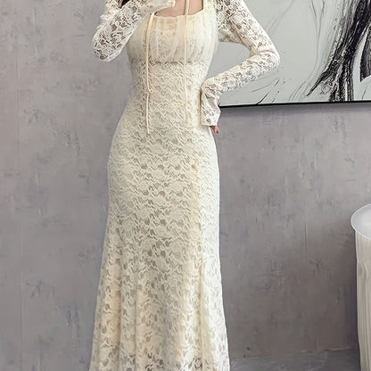 vlovelaw  Square Neck Lace Trumpet Dress, Chic Long Sleeve Ruched Mid Calf Dress, Women's Clothing