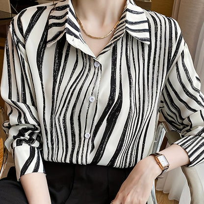 vlovelaw Striped  Print Button Front Shirt, Versatile Long Sleeve Shirt For Spring & Fall, Women's Clothing