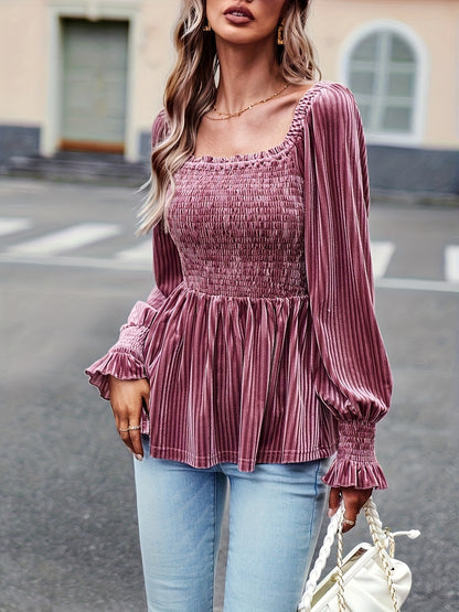 vlovelaw Shirred Velvet Square Neck T-Shirt, Elegant Long Sleeve Top For Spring & Fall, Women's Clothing