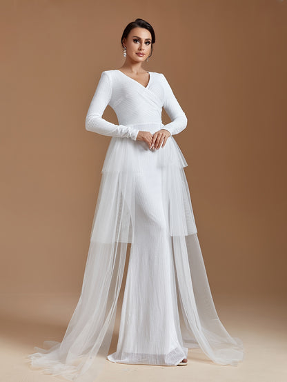 vlovelaw Mesh Panel Sequin Tiered Dress, Long Sleeve V Neck Mermaid Wedding Dress, Women's Clothing