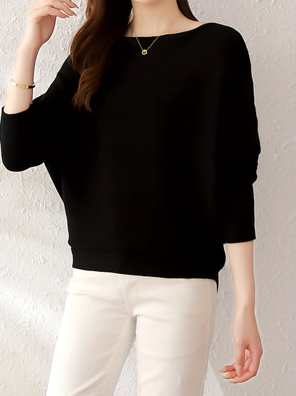 Solid Batwing Sleeve Knit Sweater, Casual Boat Neck Sweater For Spring & Fall, Women's Clothing
