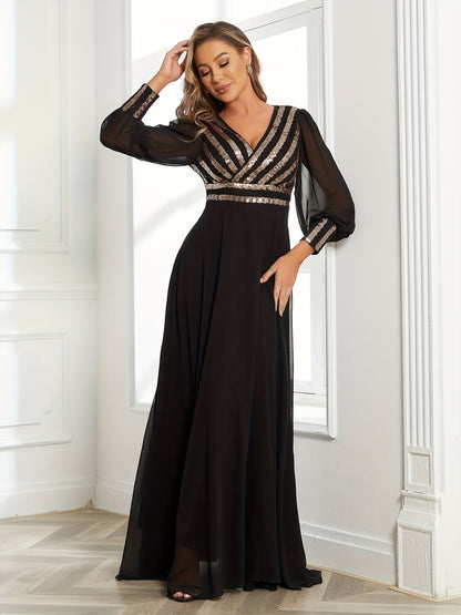 Elegant Striped Sequined Surplice Neck Dress, Sleeveless Ankle Dress For Party & Banquet, Women's Clothing