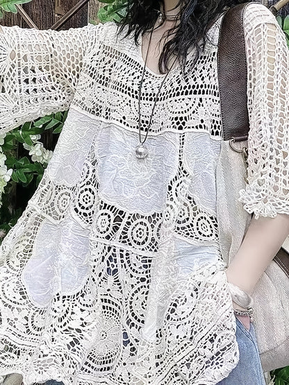 vlovelaw  Crochet Cover Up Top, Casual Beach Wear Cut Out Half Sleeve Top, Women's Clothing