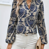 Ethnic Floral Print Blouse, Boho V Neck Long Sleeve Blouse, Women's Clothing