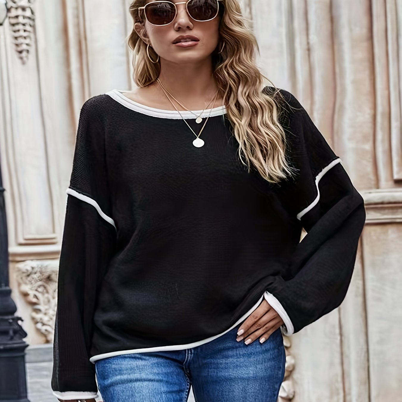 vlovelaw Plus Size Casual Sweater, Women's Plus Solid Long Sleeve Round Neck Slight Stretch Loose Sweater