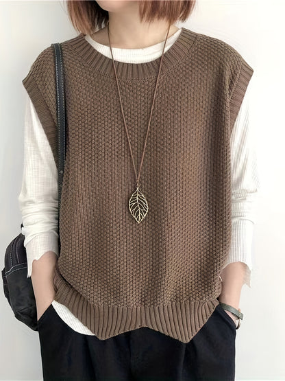 vlovelaw  vlovelaw  Solid Crew Neck Sweater Vest, Casual Sleeveless Vest For Spring & Fall, Women's Clothing