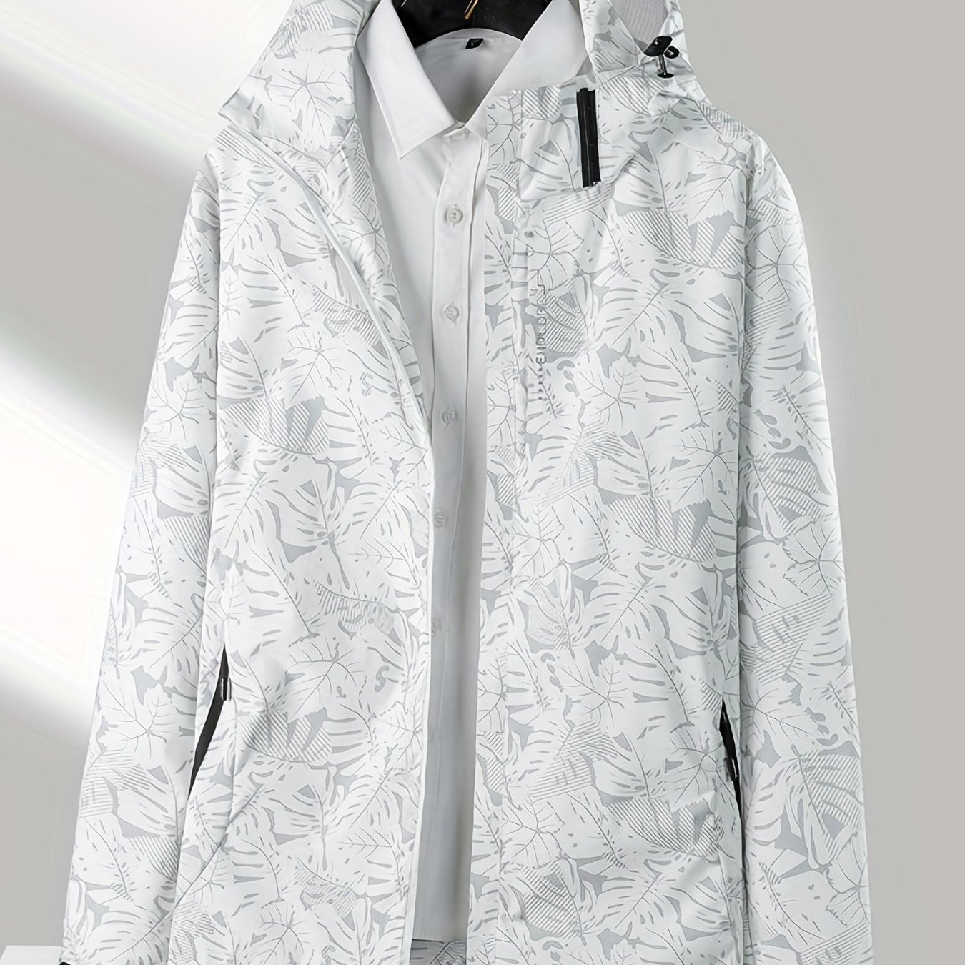 vlovelaw  Leaf Print Outdoor Jacket With Removable Hood, Women's Windproof & Rainproof Jacket, Women's Outdoor Clothing