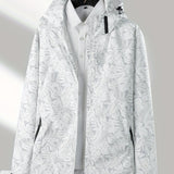 vlovelaw  Leaf Print Outdoor Jacket With Removable Hood, Women's Windproof & Rainproof Jacket, Women's Outdoor Clothing