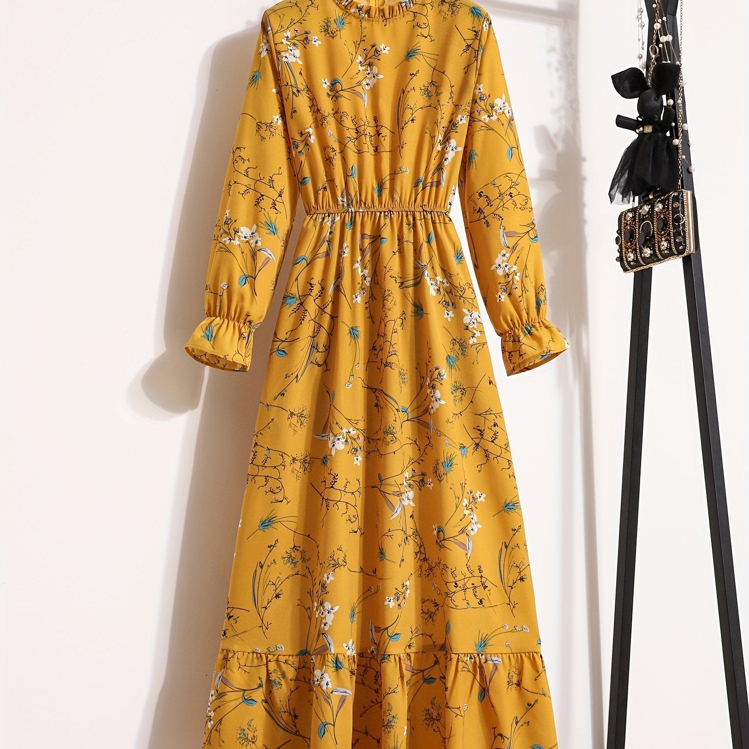 Floral Print Ruffle Trim Dress, Elegant Stand Collar Long Sleeve Maxi Dress, Women's Clothing