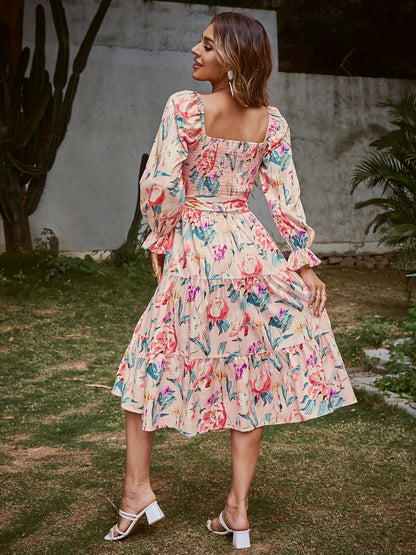 vlovelaw  Vintage Floral Print Dress, Boho Shirred Tiered Long Sleeve Dress, Women's Clothing