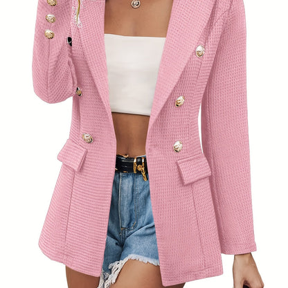 vlovelaw  Lapel Double Breasted Blazer, Elegant Long Sleeve Work Office Outerwear With Pockets, Women's Clothing