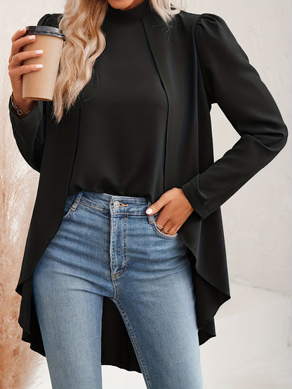 Solid Fake Two-piece Blouse, Casual Asymmetrical Hem Mock Neck Blouse For Spring & Fall, Women's Clothing