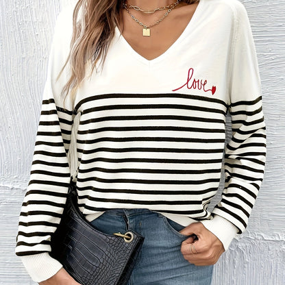 Striped V Neck Pullover Sweater, Casual Long Sleeve Sweater For Spring & Fall, Women's Clothing