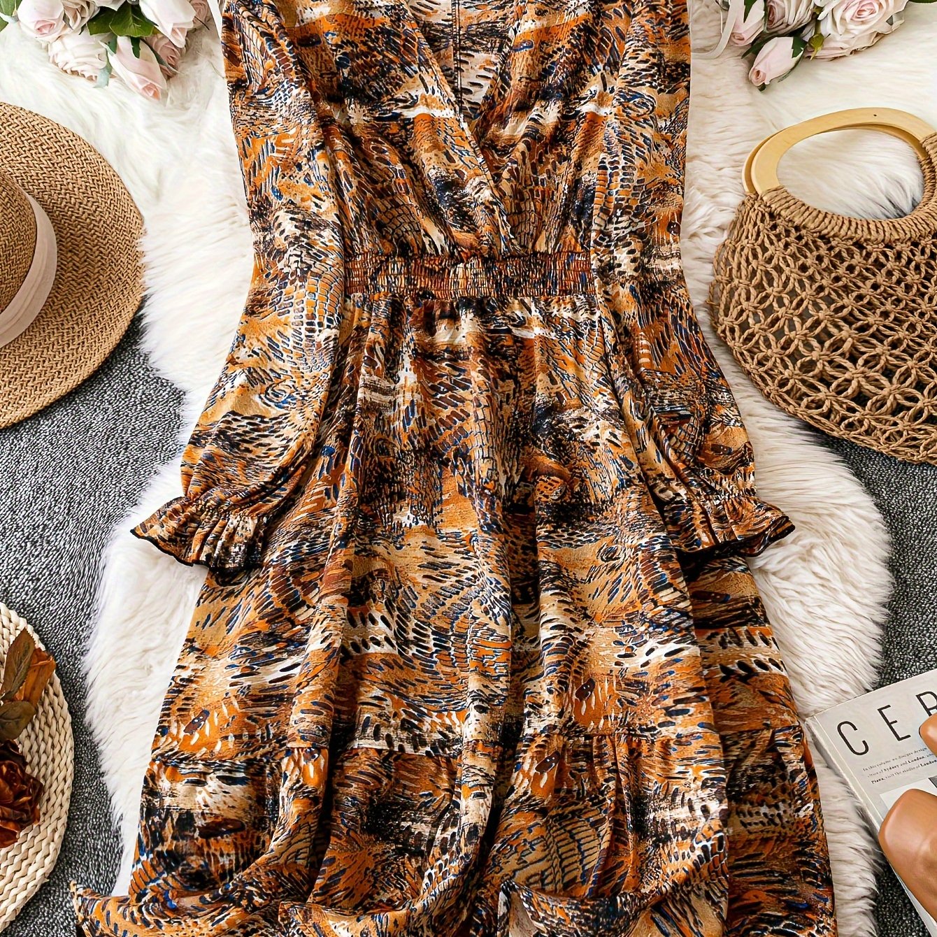 vlovelaw Floral Print Ruffle Hem Dress, Elegant Waist Shirred Long Sleeve Dress For Every Day, Women's Clothing