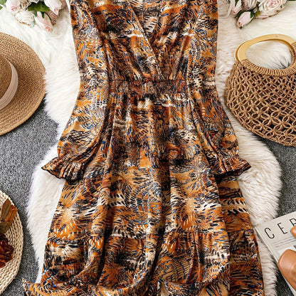vlovelaw Floral Print Ruffle Hem Dress, Elegant Waist Shirred Long Sleeve Dress For Every Day, Women's Clothing