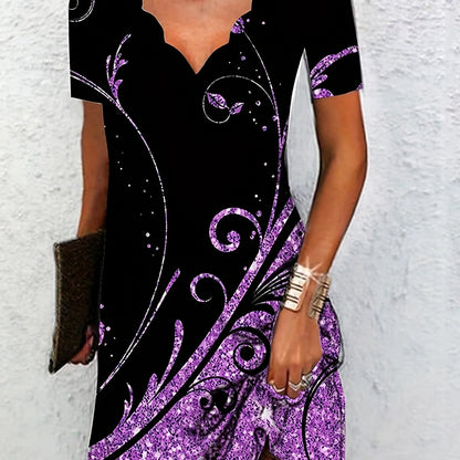 vlovelaw Plus Size Casual Dress, Women's Plus Glitter Baroque Print Short Sleeve V Neck Scallop Trim Slight Stretch Dress