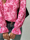 vlovelaw  Floral Print Ruffle Trim Blouse, Casual Crew Neck Long Sleeve Blouse, Women's Clothing