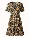 vlovelaw  Leopard Print Ruffle Hem Dress, Sexy V Neck Short Sleeve Dress, Women's Clothing