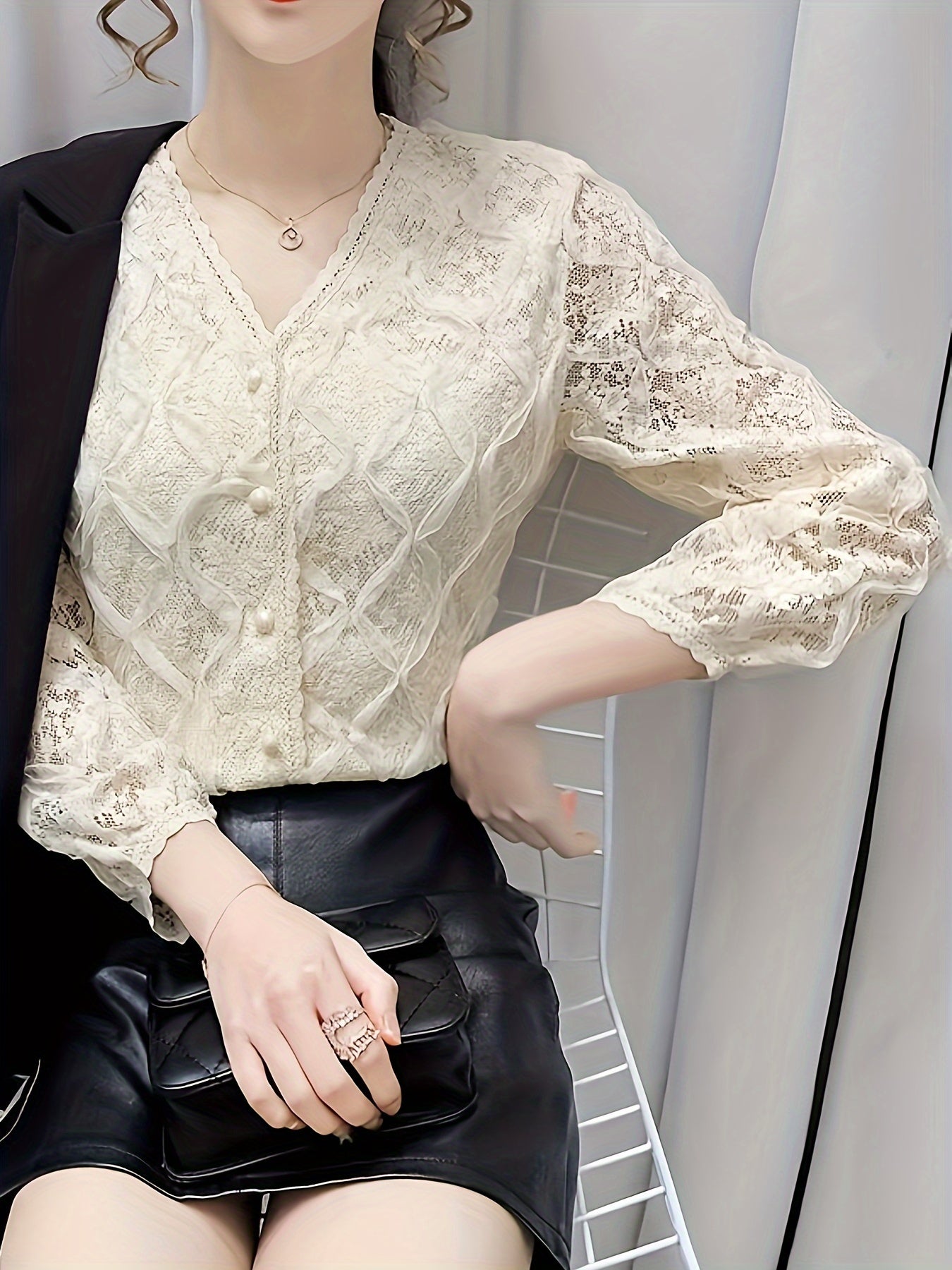vlovelaw  Lace V Neck Button Front Blouse, Elegant Long Sleeve Blouse For Spring & Fall, Women's Clothing