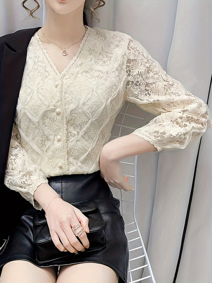 vlovelaw  Lace V Neck Button Front Blouse, Elegant Long Sleeve Blouse For Spring & Fall, Women's Clothing